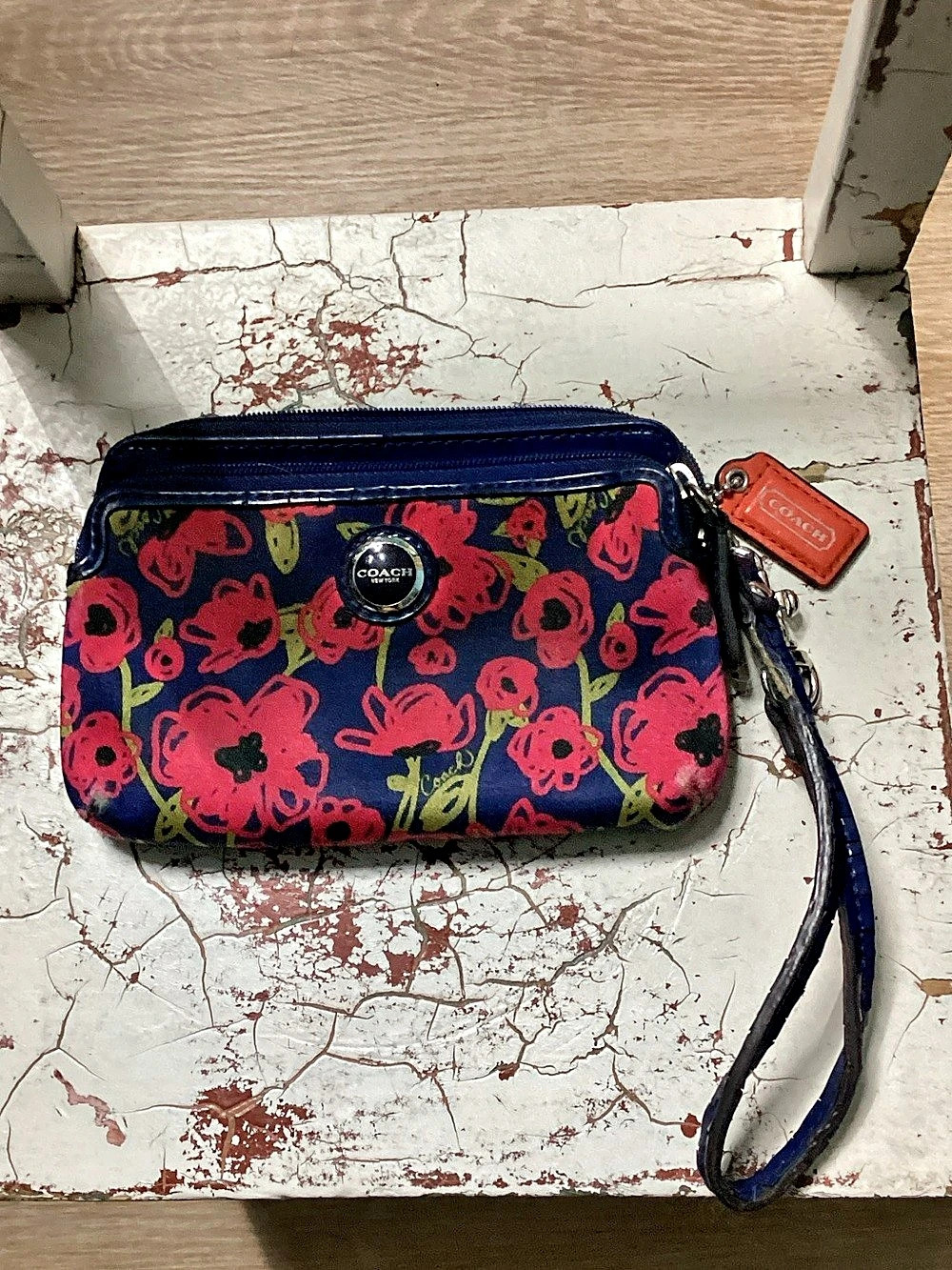 Coach Poppy Floral Graffiti Double Zip Wristlet Blue & Pink